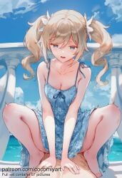 1boy 1girl 2026 ai_generated barbara_(genshin_impact) bare_shoulders barefoot blonde_hair blue_dress blue_eyes blue_sky blush breasts cleavage clothed_female_nude_male clothed_sex cocomiyart collarbone cowgirl_position day dress feet floral_print genshin_impact girl_on_top hair_ornament hetero highres implied_sex long_hair looking_down medium_breasts nsfw ocean open_mouth outdoors print_dress sex sky sleeveless sleeveless_dress solo_focus squatting_cowgirl_position straddling sundress twin_drills twintails uncensored water