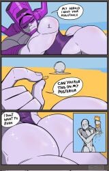 2026 2boys athletic_male attractive attractive_body beach beach_background big_ass dialogue galactus giant_ass giant_male helmet male_only marvel marvel_comics muscles muscular muscular_male no_nude robot-seagull sfw silver_surfer size_difference sunscreen sunscreen_on_butt supervillain tagme text