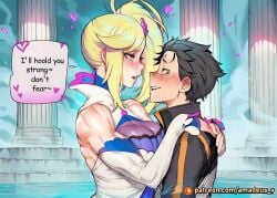 1boy 1girl ai_generated altar amadeus_v black_eyes black_hair blonde_hair blue_eyes blush embrace eye_contact facing_each_other from_side hands_on_another's_shoulders healing incense large_breasts long_hair looking_at_another messy_hair minerva_(re:zero) muscular_female natsuki_subaru open_mouth re:zero_kara_hajimeru_isekai_seikatsu temple white_robe witch
