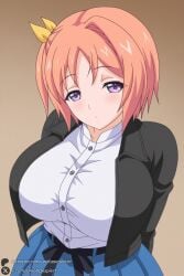 1female 1girl 1girls 2026 ai_generated arms_behind_back artist_name big_ass big_breasts black_jacket blue_skirt blush breasts brown_background curvy hair_ribbon hi_res high_quality high_resolution highres huge_ass huge_breasts jacket large_breasts looking_at_viewer open_clothes open_jacket orange_hair patreon patreon_username purple_eyes ribbon shirt short_hair side_ponytail skirt solo unjobdespiert watermark white_shirt