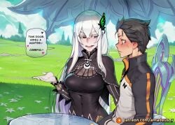 1boy 1girl ai_generated amadeus_v bench black_eyes black_hair echidna_(re:zero) ethereal_light eye_contact facing_another facing_each_other garden glowing looking_at_another messy_hair mole_under_eye natsuki_subaru open_mouth pale_skin re:zero_kara_hajimeru_isekai_seikatsu smile standing tense very_long_hair white_dress white_flower white_hair witch