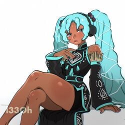 1girls african african_female aqua_eyes aqua_hair artist_name dark-skinned_female dark_skin female female_focus female_only hatsune_miku headphones long_hair looking_at_viewer nail_polish pink_nails sitting thick_thighs very_long_hair vocaloid white_background