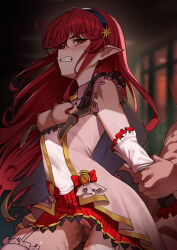 1boy 1girl absurdres ahegao ahoge arm_held_back ballet_class_clothes black_hairband breasts breasts_out censored clenched_teeth clothed_sex commentary_request cum cum_in_pussy cum_overflow deep_penetration detached_sleeves doggystyle dungeon_and_fighter elementalist_(dungeon_and_fighter) female_mage_(dungeon_and_fighter) frills garter_straps grabbing_another's_arm hair_ornament hairband hetero highres holding_another's_wrist korean_commentary long_hair navel nipples penis pingkypen pointy_ears pussy pussy_juice red_eyes red_hair red_skirt rough_sex sex sex_from_behind skirt small_breasts solo_focus standing standing_doggystyle standing_sex stomach_bulge sun_symbol sweat teeth thighhighs vaginal very_long_hair white_thighhighs