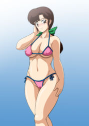 artist_request bikini blush bow breasts brown_eyes brown_hair cameltoe cleavage color cute female female_focus female_only gradient_background hand_on_hip kasumi_tendo large_breasts long_hair nipples pink_swimsuit pose posing ranma_1/2 simple_background smile smiling smiling_at_viewer solo solo_focus swimsuit