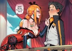 1boy 1girl ai_generated amadeus_v black_eyes black_hair blue_sky blush cowboy_shot curvy eye_contact facing_another facing_each_other gold_jewelry gown large_breasts long_hair looking_at_another messy_hair natsuki_subaru open_mouth orange_hair priscilla_barielle re:zero_kara_hajimeru_isekai_seikatsu red_drapes red_eyes smile standing sunlight terrace unimpressed witch