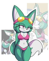 bikini green_body green_fur pink_eyes sonar_the_fennec sonic_(series) sonic_the_hedgehog_(archie) sonic_the_hedgehog_(series) tail