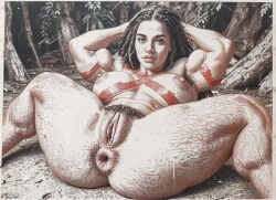 1girls abs ai ai_assisted ai_generated ai_slop anus ass black_hair bodypaint breasts brown_eyes come_hither dreadlocks enercell female female_only forest hairy hairy_anus hairy_female hairy_legs hairy_pussy hands_behind_own_head huge_ass huge_breasts huge_thighs large_anus long_hair looking_at_viewer muscular muscular_female neanderthal neutral_expression nipples noirette oc on_back original_character outdoors pale-skinned_female pubic_hair puffy_pussy solo spread_legs thighs vagina voluptuous voluptuous_female white_female