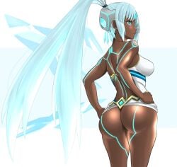 1girls alternate_costume ass blue_eyes dark-skinned_female dark_skin dollinger from_behind long_hair monolith_soft one-piece_swimsuit perun_(xenoblade) ponytail simple_background solo solo_female swimsuit white_background white_hair xenoblade_(series) xenoblade_chronicles_2