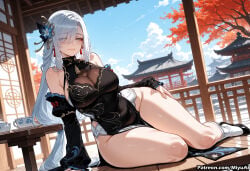 1girl ai_assisted ai_generated architecture arm_support autumn_leaves bangs bare_shoulders black_dress blue_eyes breasts china_dress chinese_clothes cleavage cleavage_cutout curvaceous curvy curvy_female curvy_figure day detached_sleeves dress east_asian_architecture female genshin_impact hair_ornament hair_over_one_eye large_breasts long_hair looking_at_viewer miyuai shenhe_(genshin_impact) silver_hair sitting smile solo thick thick_ass thick_butt thick_hips thick_legs thick_thighs thighs very_long_hair voluptuous voluptuous_female watermark wide_hips wide_sleeves wide_thighs yokozuwari