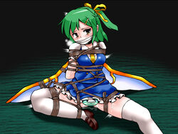 1girls arms_behind_back blush bondage breast_bondage breasts daiyousei female frogtie gag gagged green_hair hair_ribbon lili_(artist) lilish loafers panties pussy_juice ribbon rope shoes short_hair side_ponytail solo spread_legs striped striped_panties sweat tears the_embodiment_of_scarlet_devil thighhighs touhou underwear wet_panties white_legwear white_thighhighs wings yellow_eyes