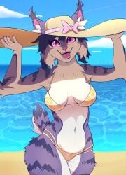 anthro beach bikini breasts energyvector feline smiling_at_viewer sun_hat