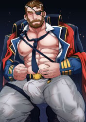 another_eidos_of_dragon_vein_r balls bara bart_(another_eidos) beard boner bulge erection erection_under_clothes eyepatch facial_hair liuoie2 male male_only muscles muscular penis solo solo_male