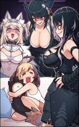 4girls =_= ahoge animal_ears arm_band armpit_peek artist_request asymmetrical_horns band_aid big_breasts black_hair blonde_hair blush blushing breast_belt breasts broken_horn brown_hair button_down_shirt button_up_shirt caught choker cleavage clothed clothed_female collar couch dog_ears dress elbow_sleeve fangs fuwawa_abyssgard gigi_murin grin hand_on_hip holding_tail hololive hololive_english hololive_english_-advent- hololive_english_-justice- horn_headband horns huge_breasts jacket kemonomimi large_breasts long_hair looming_over mouth_open multicolored_hair nerissa_ravencroft open_shirt pig_tails pillow pink_eyes profile_view red_eyes scared sharp_teeth shiori_novella short side_view sideboob skirt small_breasts smile standing_over surrounded surrounded_by_women tail_eye tail_marking tank_top tear vest white_hair yellow_eyes