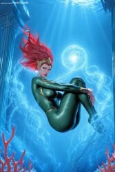 1girl ai_generated air_bubble aquaman_(series) artist_name blue_eyes bodysuit breasts bubble floating_hair full_body hi_res high_quality high_resolution lips lipstick long_hair makeup medium_breasts mera patreon red_hair seductive sexy skin_tight solo spicytoonai submerged uncensored underwater watermark