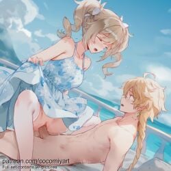 1boy 1girl 2026 aether_(genshin_impact) ahoge ai_generated barbara_(genshin_impact) bare_shoulders blonde_hair blue_dress blue_sky blush braid braided_ponytail breasts closed_eyes clothed_female_nude_male clothed_sex clothes_lift cloud cocomiyart collarbone cowgirl_position day dress dress_lift earrings floral_print genshin_impact girl_on_top hetero highres jewelry lifted_by_self long_hair motion_lines nose_blush nsfw nude ocean open_mouth outdoors penis pussy sex siblings single_braid sky sleeveless sleeveless_dress spaghetti_strap squatting_cowgirl_position straddling sundress thighhighs twintails uncensored vaginal water white_thighhighs yellow_eyes