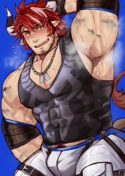arknights armpit balls bara bulge bull_horns facial_hair flaccid hand_behind_head horns humus_(arknights) liuoie2 male male_only muscles muscular musk penis pointy_ears solo solo_male sweat sweating