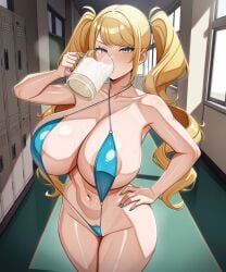 1girls ai_generated areola_slip blonde_hair blue blue_eyes drinking drinking_cum female_pubic_hair huge_breasts indoors large_breasts lockers long_hair mug navel school sling_bikini slingshot_swimsuit stable_diffusion twintails
