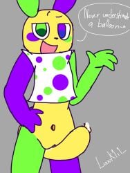 1boy 1male anthro anthropomorphic balloon balloon_animal cunt cunt_boy cuntboy dandy's_world dog green_eyes heterochromia looey_(dandy's_world) male_focus multicolored_body presenting purple_eyes pussy simple_background small_breasts solo solo_male