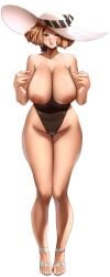 areolae big_hat blush blushing_at_viewer breasts breasts_out brown_eyes brown_hair clavicle erect_nipples feet haru_okumura hat hips hips_wider_than_shoulders large_areolae large_breasts looking_at_viewer nipples nude one-piece_swimsuit persona persona_5 sagging_breasts sandals shoulders summer swimsuit thick_thighs thighs thighs_bigger_than_head thighs_together wide_hips xiiicaelum
