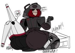 2026 2d 2d_(artwork) 2girls accident accidental_circumstance android android_girl anger_vein angry artist_request ass ass_bigger_than_head ass_focus big_ass crushed crushed_by_ass cyborg cyborg_girl emp_lines facesitting female_only fully_clothed huge_ass large_ass military_uniform mynah_(signalis) robot robot_girl robot_humanoid signalis sitting_on_person storch_(signalis) video_game_character workplace