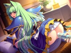 1boy 1girl :o armor armored_boots ass bed bed_sheet blue_skirt blush boots censored clothes_lift dutch_angle floating_hair frilled_skirt frills game_asset gold_tiara gold_trim green_hair hair_intakes hetero himekishi_olivia holding indoors inoino knee_boots kneeling long_hair looking_back mosaic_censoring no_panties non-web_source object_insertion official_art olivia_lindegald on_bed open_mouth pauldrons pillow plant potted_plant purple_eyes pussy self-datamine shoulder_armor sitting skirt skirt_lift solo_focus straight_hair tiara variant_set very_long_hair visual_novel_cg