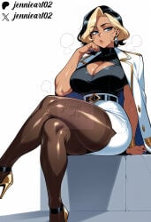 1girl ai_generated artist_name belt black_belt black_hair blonde_hair blue_eyes blue_nails bracelet breasts brown_pantyhose cleavage cleavage_cutout clothing clothing_cutout crossed_legs dark-skinned_female dark_skin domina earrings female footwear high-waist_skirt high_heels jacket jacket_on_shoulders jennieart02 jewelry large_breasts makeup mole mole_on_breast mole_under_eye multicolored_hair nail_polish office_lady pantyhose patreon patreon_logo patreon_username pencil_skirt shirt shirt_tucked_in shoes short_hair simple_background sitting skirt solo sweat sweater_tucked_in tan thick_thighs thighband_pantyhose thighs turtleneck twitter twitter_logo twitter_username two-tone_hair watermark white_background white_jacket white_skirt