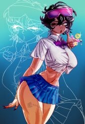 1girls 2026 2d 2d_(artwork) 2d_artwork abdomen abs alternate_costume asian_female black_hair blue_pants clothes_pull curvy_hips eyewear eyewear_on_head female_torso fingerless_gloves gloves jubilation_lee jubilee jubilee_(marvel_rivals) light-skinned_female light_skin looking_at_viewer marvel marvel_comics marvel_rivals medium_breasts mutant_(marvel) pants pants_pull pink_eyewear pubic_hair short_hair simple_background sleeveless sleeveless_shirt tinted_eyewear tomboy two-tone_clothing two-tone_shirt video_games x-men yaki_chun yellow_eyes yellow_gloves