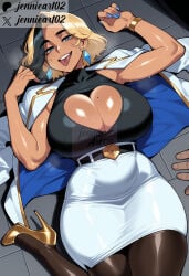 1girl ai_generated artist_name belt black_belt black_hair black_pantyhose black_shirt blonde_hair blue_eyes blue_nails blush bracelet breasts brown_pantyhose cleavage cleavage_cutout clothing clothing_cutout curvy dark-skinned_female dark_skin earrings female fingernails footwear heart_cutout high-waist_skirt high_heels huge_breasts jacket jacket_on_shoulders jennieart02 jewelry large_breasts looking_at_viewer lying mole mole_on_breast mole_under_eye multicolored_hair nail_polish on_back open_mouth pantyhose patreon patreon_logo patreon_username pencil_skirt plump shirt shirt_tucked_in shoes short_hair skirt sleeveless sleeveless_shirt smile solo_focus streaked_hair sweat teeth thick_thighs thighs tongue tongue_out triangle_earrings twitter twitter_username two-tone_hair watermark white_jacket white_skirt
