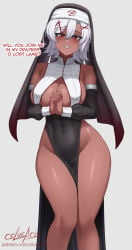 1girls big_breasts birthmark breasts cleavage cleavage_cutout cslucaris dark_skinned_female english_text grey_background hands_clasped hands_together looking_at_viewer lucille_(cslucaris) nun_headdress nun_outfit open_mouth original speech_bubble thick_thighs white_hair wide_hips