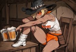 1girls abs ai_generated alcohol beer blonde_hair breasts clothed clothes clothing cowboy cowboy_hat dhampir fangs female freckles glowing_eyes hair_over_one_eye hat hooters hooters_uniform horror horror_(theme) jane_(paigen) messy_hair monster_girl muscles muscular_female orange_eyes original original_character paigen pointy_ears pouch scar scarf sharp_teeth shirt shoes short_hair shorts slit_eyes sneakers socks undead vampire vampire_fangs vampire_girl