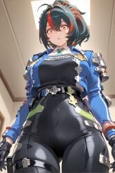 1girl ai_generated ass big_ass blush breasts female female_only from_behind from_below furiwif07 hoyoverse looking_at_viewer mature_female police police_uniform policewoman ponytail standing sweat wide_eyed wide_hips wide_thighs zenless_zone_zero zhu_yuan