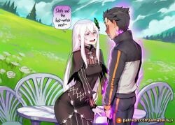1boy 1girl ai_generated amadeus_v aura bench black_eyes black_hair echidna_(re:zero) ethereal_light eye_contact facing_another facing_each_other garden glowing looking_at_another messy_hair mole_under_eye natsuki_subaru open_mouth pale_skin re:zero_kara_hajimeru_isekai_seikatsu smile standing steady very_long_hair white_dress white_flower white_hair witch