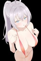 ai_generated alisa_mikhailovna_kujou black_background blue_eyes eyebrows_visible_through_hair eyelashes_visible_through_hair high_quality high_resolution highres large_ass large_breasts looking_at_viewer makeup open_mouth petite_female petite_girl ponytail raised_arm shiny_body shiny_hair shy_expression slingshot_bikini sweatdrop teenage_girl thin_waist tokidoki_bosotto_russian_de_dereru_tonari_no_alya-san upscaled waifu2x white_hair white_skin