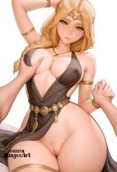 1boy 1girl ai_generated areola_slip arm_up armlet artist_name bare_shoulders black_dress blonde_hair blush bracelet braid breast_grab breasts center_opening circlet cleavage cleft_of_venus closed_mouth covered_nipples dress elden_ring explicit female_pubic_hair fromsoftware grabbing halter_dress hetero holding_hands jewelry large_breasts lips long_hair looking_at_viewer necklace no_bra no_panties nuageeart patreon_username pelvic_curtain plunging_neckline pubic_hair pussy queen_marika_the_eternal questionable shadow_of_the_erdtree simple_background solo_focus thick_thighs thigh_strap thighlet thighs uncensored white_background wide_hips yellow_eyes