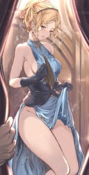 1girls aldehyde blonde blonde-haired_female blonde_female blonde_hair blue_dress breasts brown_eyes clothes_lift commentary_request djeeta_(granblue_fantasy) dress female granblue_fantasy legs medium_breasts no_bra no_panties official_alternate_costume short_hair sweat thighs underboob