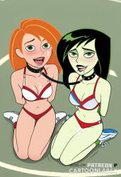 ai_generated animated bondage captured cartoony character cheerleader cheerleader_outfit cheerleader_uniform cum cum_on_body defeat defeated duo duo_female duo_focus embarrassed embarrassed_female embarrassed_nude_female kim_possible leash_pull leashed_collar naked naked_female orange_hair petplay restrained restraints shego submissive submissive_female tied_up