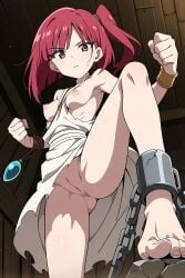 1girls ai_generated bare_shoulders barefoot chains feet fists_clenched from_below innie_pussy magi:_the_labyrinth_of_magic morgiana pinku.ai side_ponytail skinny slave small_breasts small_butt thighs torn_clothes vagina