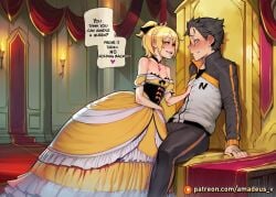 1boy 1girl ai_generated amadeus_v banner black_eyes black_hair blonde_hair blush dress eye_contact facing_another facing_each_other felt_(re:zero) from_side grin looking_at_another mature_female messy_hair natsuki_subaru open_mouth petite poking re:zero_kara_hajimeru_isekai_seikatsu red_carpet red_eyes short_hair small_breasts stepping throne throne_room torchlight witch