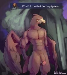accipitriform anthro avian bird brown_body dialogue eagle elden_ring_nightreign feathers fromsoftware genitals guardian_(nightreign) humanoid_genitalia humanoid_penis impwolsniw looking_at_viewer male nude penis solo text wings yellow_eyes
