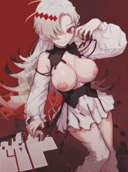 ai_generated angel_(self_proclaimed_angel) areolae exposed_breasts hair_over_one_eye hairpin highres katachi large_breasts looking_at_viewer mostly_clothed mv_character red_background red_eyes self_proclaimed_angel smile stable_diffusion white_clothing white_hair