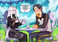1boy 1girl ai_generated amadeus_v bench black_eyes black_hair calm curious echidna_(re:zero) ethereal_light eye_contact facing_each_other garden looking_at_another messy_hair mole_under_eye natsuki_subaru open_mouth pale_skin pouring re:zero_kara_hajimeru_isekai_seikatsu sitting smile tea_set very_long_hair white_dress white_flower white_hair