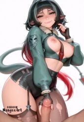 1boy 1girl ai_generated animal_ears artist_name bangs between_breasts black_gloves black_hair black_shorts breasts breasts_out closed_mouth erection explicit fingerless_gloves garter_straps gloves green_eyes handjob hetero high-waist_shorts hoyoverse jane_doe_(zenless_zone_zero) large_breasts lips long_hair long_sleeves looking_at_viewer medium_breasts mihoyo multicolored_hair nail_polish necktie nipples nuageeart pantyhose penis precum red_hair red_nails shorts simple_background smile solo_focus tail thighhighs thighs torn_clothes uncensored white_background zenless_zone_zero