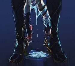cum cum_puddle dottore_(genshin_impact) genshin_impact implied_penetration implied_sex legs_apart legwear lifting_partner male/male motion_lines scaramouche_(genshin_impact) shoes_on size_difference yaoi
