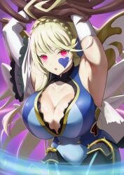 1girls arms_up blonde_hair bondage boobs clothing corruption duel_monster face_paint female female_only gloves headphones heart heart_symbol heart_tattoo hi_res huge_breasts konami light_skin looking_at_viewer necklace obushinpac open_mouth ponytail red_eyes safe side_view tied tied_arms tied_hands trickstar trickstar_holly_angel younger_female yu-gi-oh! yu-gi-oh!_vrains