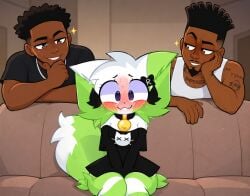 ai_generated anthro dark-skinned_male felid feline female flirting furry human human_on_anthro implied_threesome kit_community male mischievous mischievous_smile nervous nervous_expression nervous_face nervous_smile purple_eyes tattoo trio two-tone_body two-tone_fur