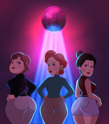 3girls ass atnog backboob belt big_ass black_shirt bottomwear brown_eyes brown_hair brown_pants clothing disco_ball ear_piercing earrings eyeshadow female female_only green_eyeshadow green_shirt hair hair_bun half-closed_eyes hands_on_hips helen_lee huge_ass lily_lee lips looking_back looking_to_the_side mature mature_female mature_woman milf ming_lee mole mole_under_eye mother multiple_girls orange_hair pants parted_lips shirt short_hair side_boob side_view sideboob sleeveless_shirt tied_hair topwear turning_red white_pants