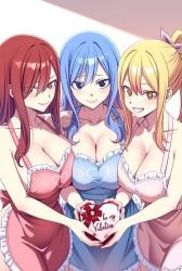 chocolate erza_scarlet fairy_tail juvia_lockser long_hair lucy_heartfilia multiple_girls naked_apron