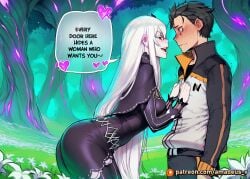1boy 1girl ai_generated amadeus_v black_eyes black_hair echidna_(re:zero) ethereal_light facing_another facing_each_other flustered from_side garden glowing hand_on_another's_chest looking_at_another markings messy_hair mole_under_eye natsuki_subaru open_mouth pale_skin purple_glow re:zero_kara_hajimeru_isekai_seikatsu standing teasing very_long_hair white_dress white_flower white_hair witch
