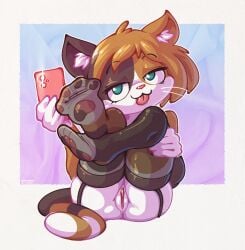 1girls anthro anus ass domestic_cat feline female female_only furry looking_at_viewer nude onihidden original_character pussy solo stockings tongue tongue_out