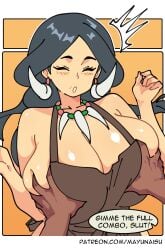 1boy 1girl :o absurdres alternate_breast_size_(larger) apron bare_shoulders black_hair breasts closed_eyes comic commentary dark-skinned_male dark_skin drasna_(pokemon) earrings english_commentary english_text groping hetero highres huge_breasts iced_latte_with_breast_milk_(meme) jewelry long_hair mature_female mayu_naisu meme naked_apron necklace pokemon pokemon_x_and_y speech_bubble surprised tooth_earrings tooth_necklace yellow_background